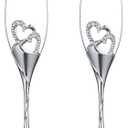 Sziqiqi Wedding Champagne Glass Set Silver Toasting Flute Glasses Pack of 2 with Rhinestone Rimmed Hearts Decoration for Wedding, Anniversary and Special Occasions
