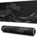 Japanese Gaming Mouse Pad Abstract Black Mouse Pad 31.5x11.8 Inch Black Sea Wave Texture Non-Slip Rubber Base Large Ocean Mousepad Stitched Edges Keyboard Mouse Mat Desk Pad for Office and Home