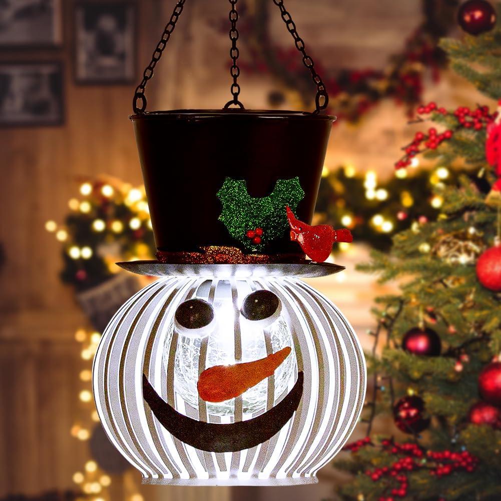 Christmas Snowman Solar Lanterns Outdoor Hanging Solar Lantern Metal Waterproof Decor Snowman Lamp with Glass Ball Solar Lights for Garden Patio Yard Decor (15.7 H* 5.9 W)