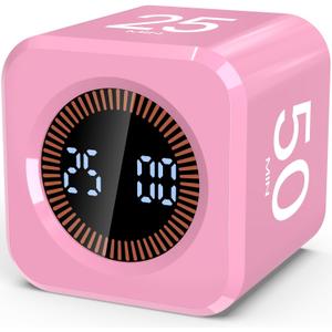 Digital Pomodoro Timer Cube 5/10/25/50min, Visual Productivity Flip Timer for Kids Classroom Desk, Custom Countdown, Silent and Sound Mode for ADHD Study Work Game Kitchen (Pink)