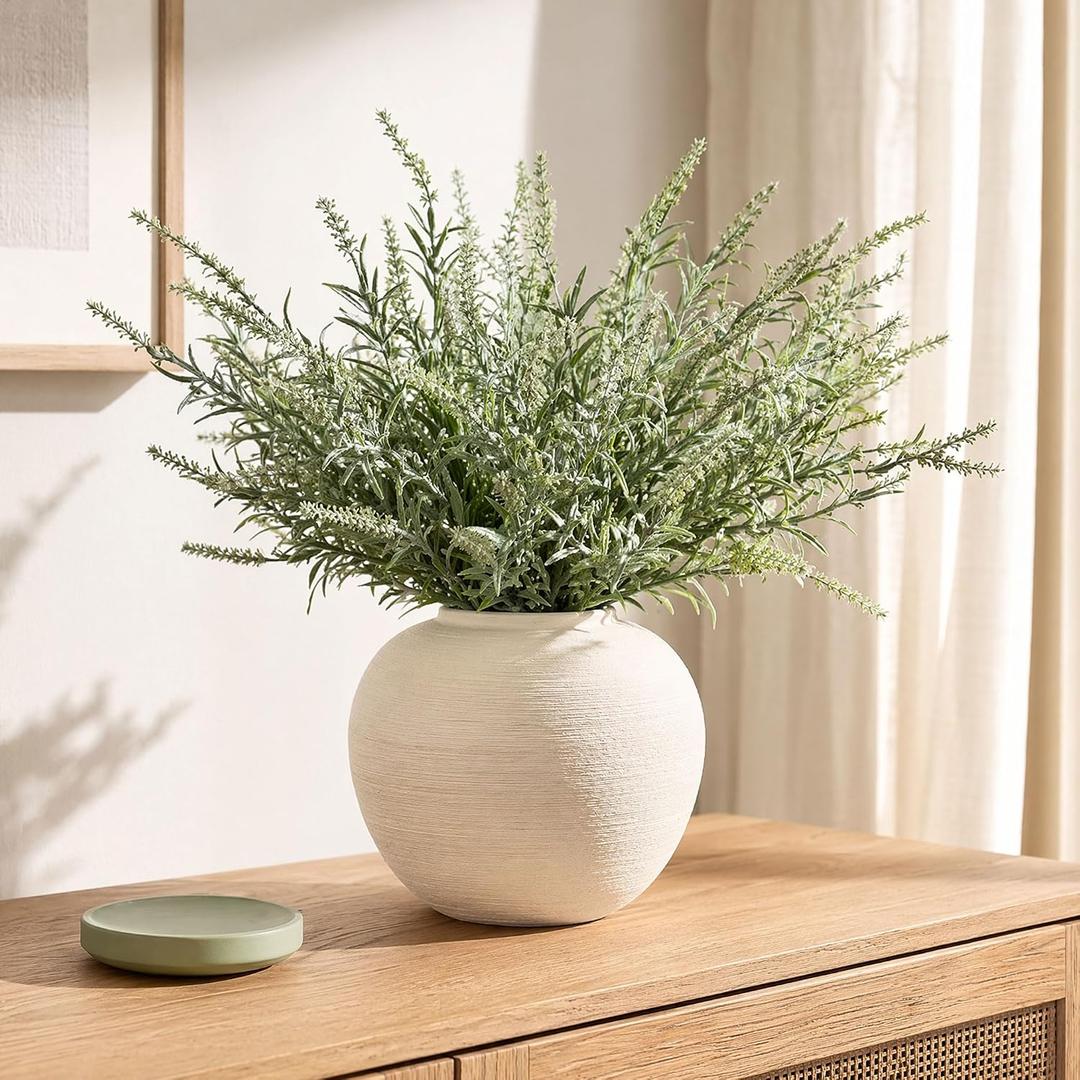 White Ceramic Vase for Home Decor, Rustic Wabi Sabi Textured Flower Vase with Waterproof Glazed Interior, Vintage Beige Decorative Pottery for Living Room Centerpiece Farmhouse Boho Shelf, 6.7" H
