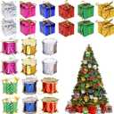 96 Pcs Christmas Shiny Mini Boxes Ornaments Metallic Foil Wrapped Gift Boutique Ornaments Assorted Colors Miniature Gift Boxes and Glitter Drum for Christmas Tree Holiday Party Hanging Decorations