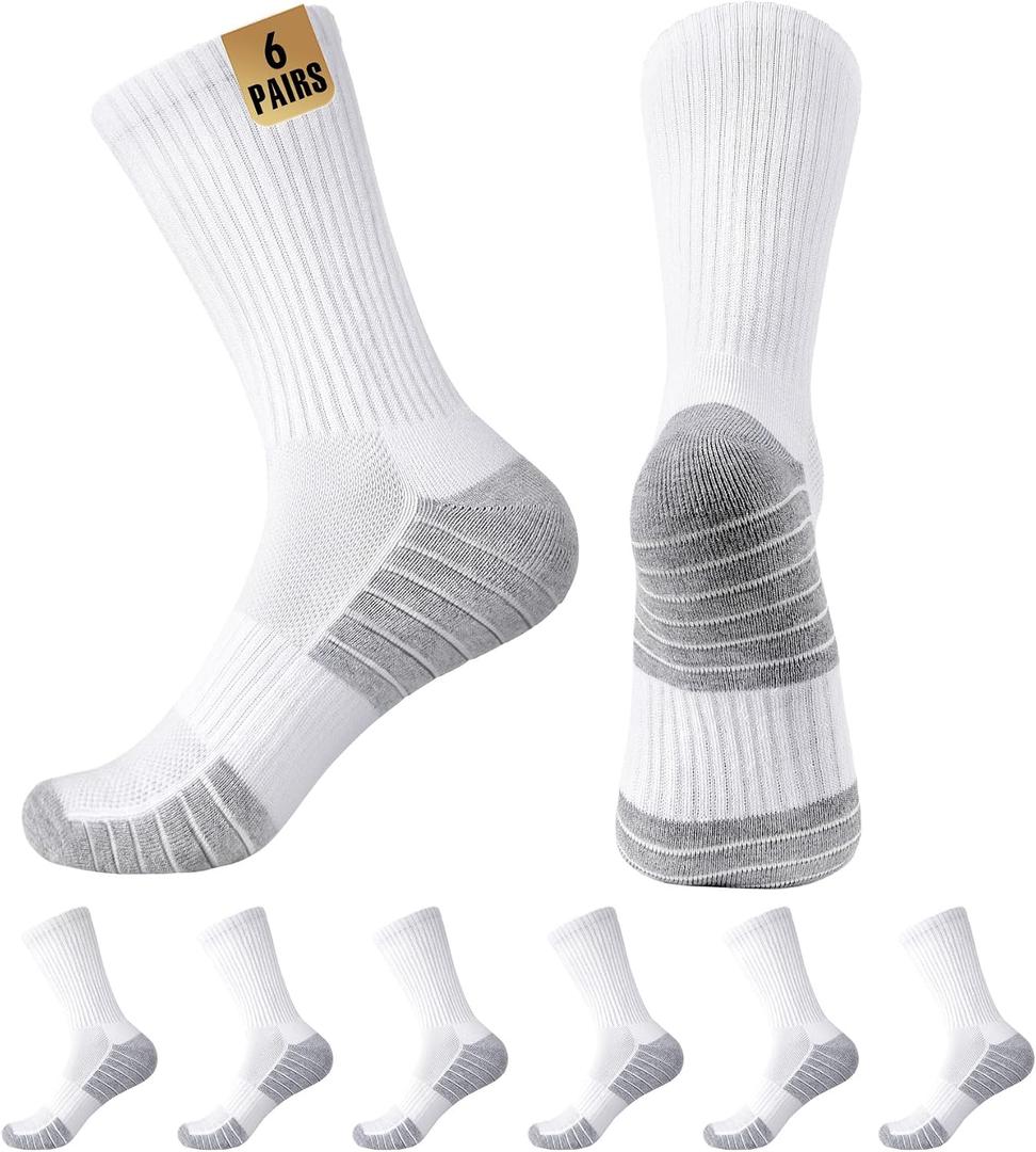 MUQU Mens White Crew Socks - Cushioned Sports Athletic Socks For Walking Hiking Running 6 Pairs (White, M)