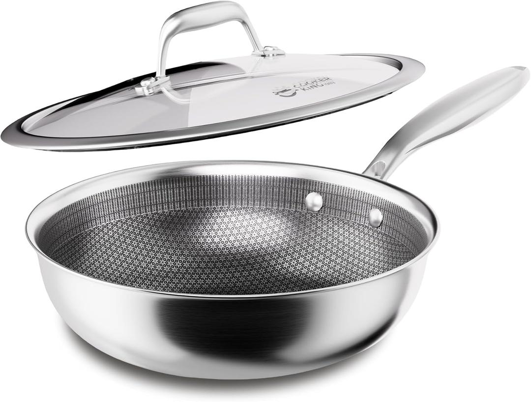 COOKER KING 10-Inch Hybrid Stainless Steel Wok with Lid, Nonstick Stir Fry Pan & Deep Frying Pan, Tri-Ply Clad Honeycomb Everyday Pan, Induction Ready, Oven & Dishwasher Safe, PFOA Free