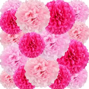 18 PCS Tissue Paper Pom Poms, Tissue Pom Poms Flowers, Sizes of 6", 10", 12", 14" Hanging Paper Flower Ball for Wedding, Birthday, Gender Reveal, Baby Shower Party Decor (Pink Set) (Pink, Light Pink, Rose Red)