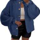 Saodimallsu Womens Ruffle Cardigan Oversized Button Up Fall Trendy Ribbed Knit Open Front Long Sleeve Loose Cute Sweater (Large, Navy)