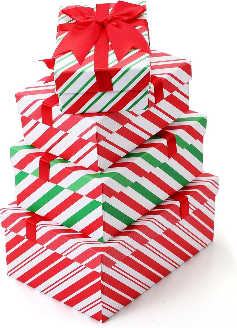 Zhanmai 4 Pcs Christmas Nesting Gift Boxes Christmas Hard Stackable Boxes with Lids Decorative Xmas Nested Present Boxes for Birthday Party Gift Supplies (Red, White, Green, Striped) (Multicolor)