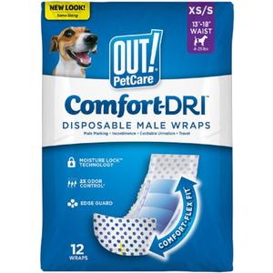 OUT! PetCare Disposable Dog Diapers Male, Puppy Belly Band, Potty Training, Doggie Diapers, Belly Bands for Male Dogs, Puppy Training, Adjustable Fasteners, Incontinence, (XS/S, 12ct)