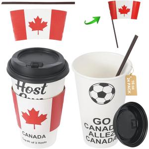 16 oz CheerSleeve Host Cup, Celebrating World Soccer Tournament Host Canada, 24 Sets Disposable Paper Party Cups with Lids Straws Sleeves, Flag Themed Fan Event Decorations, ALLEZ CANADA