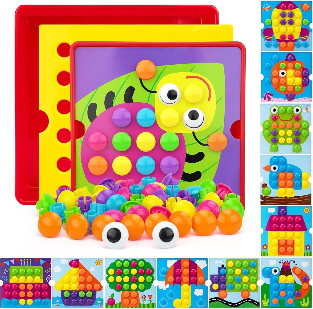 Button Art Toys for Toddlers, Color Matching Mosaic Pegboard for Age 3-5,Early Preschool Learning Activity Button Crafts Educational Toys, Fine Motor Skills Game, Gifts for Boys & Girls 3+ (bug)