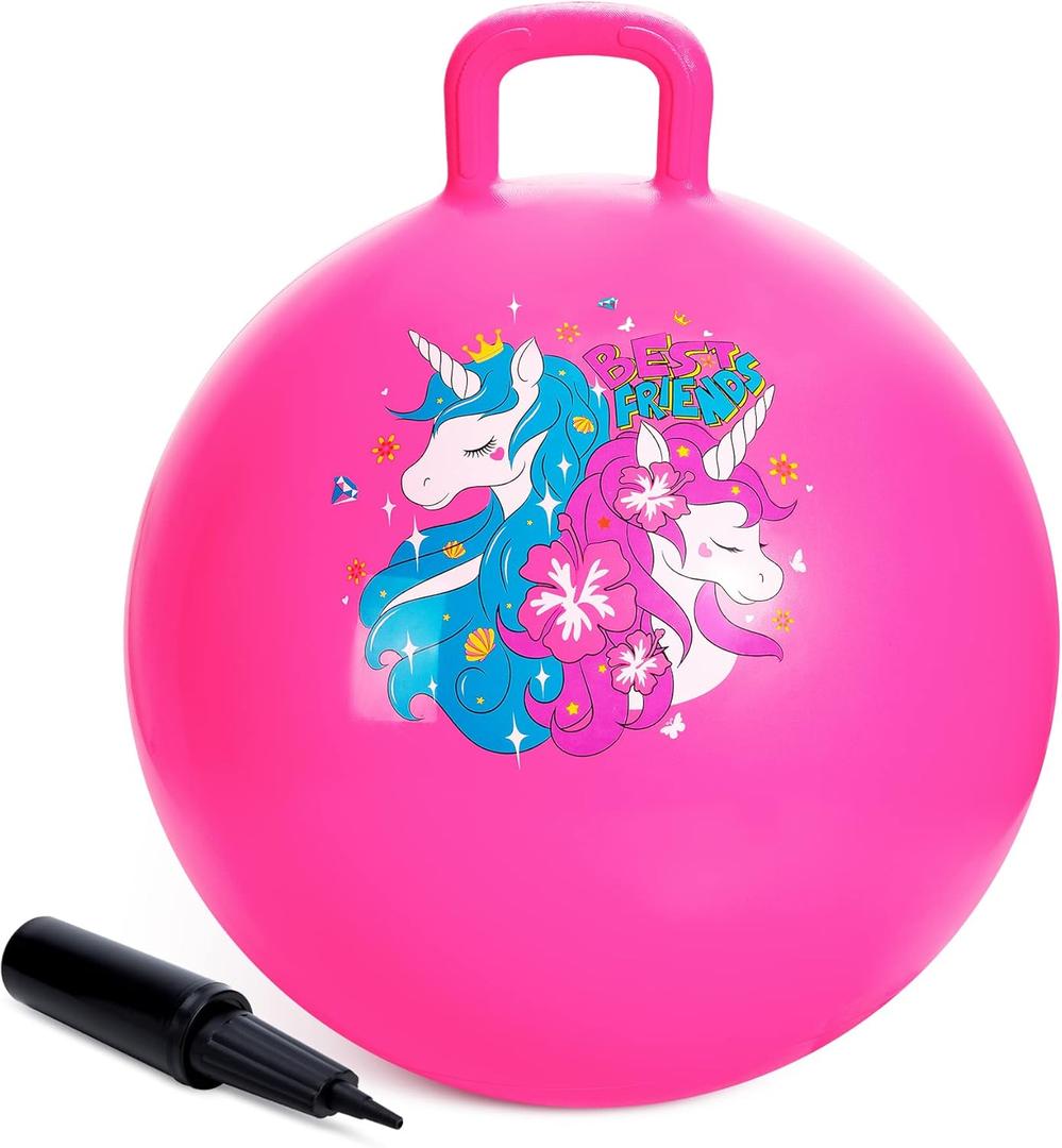 ZOOJOY Hopper Ball, Pink Bouncy Balls for Kids, 18 Inch Sit on Jumping Toys with Handle for Girls Gift Aged 3-8, Inflatable Unicorn Bounce Hopper Balls Toy with Pump