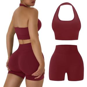 Womens Workout Sets 2 Piece Halter Sports Bra Scrunch Butt Shorts
 - XL