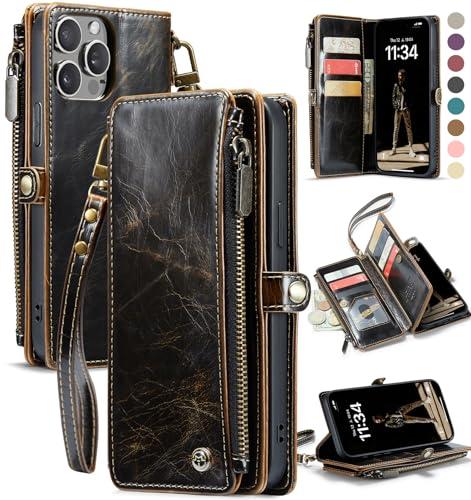 Defencase Compatible with iPhone 13 Pro Max Case Wallet with RFID Blocking Card Holder for Women Men, PU Leather Magnetic Snap Flip Zipper Strap Wallet Phone Case Fit for iPhone 13 Pro Max 6.7, Coffee
