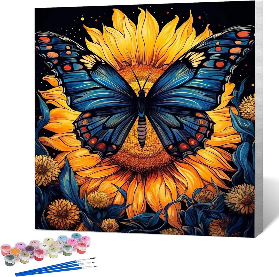 Framed Paint by Numbers Kit for Adults Beginner Butterfly, Adult Paint by Number Kits on Canvas Framed, DIY Acrylic Oil Painting by Numbers with Frame, Sunflower for Home Decor Gift 10 X 10 Inch (OPFUS2504-11)