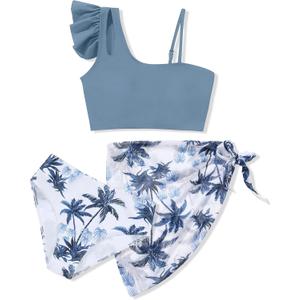 Girls Swimsuits Hawaiian Teen Bathing Suits 3 Piece Tropical Floral Ruffle Strap Bikini Set with Cover Up Skirt 9-16T (Blue)