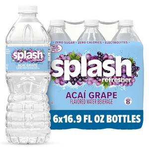 SPLASH REFRESHER Flavored Water Bottles, Acai Grape Flavor - 6-Pack, 16.9 Fl Oz - Refreshing Flavored Bottled Water with Electrolytes - Zero Sugar & Zero Calories (EXP 08/31/26)