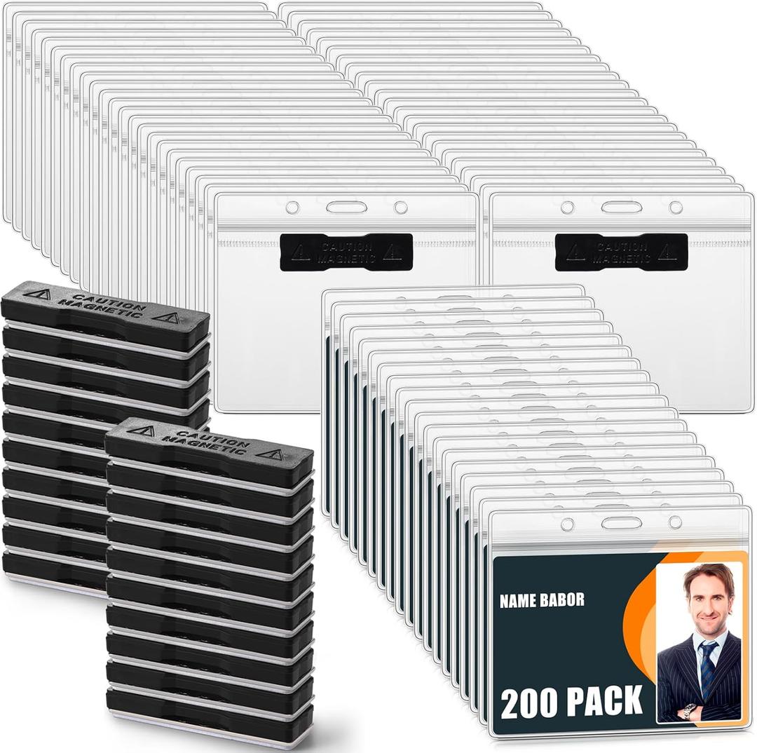 Redbaker 200 Pack Magnetic Name Badge Holders Bulk 4 x 3 Clear PVC Horizontal ID Card Tag Waterproof Reusable Plastic Name Tag for Office, Convention, Exhibitor Event, Record, School, Classroom