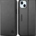 SHIELDON Wallet Case for iPhone 15 Plus 5G 2023, Genuine Leather RFID Blocking Credit Card Holder Folio Magnetic Kickstand Shock-Absorbent Protective Case Compatible with iPhone 15 Plus 6.7" - Black