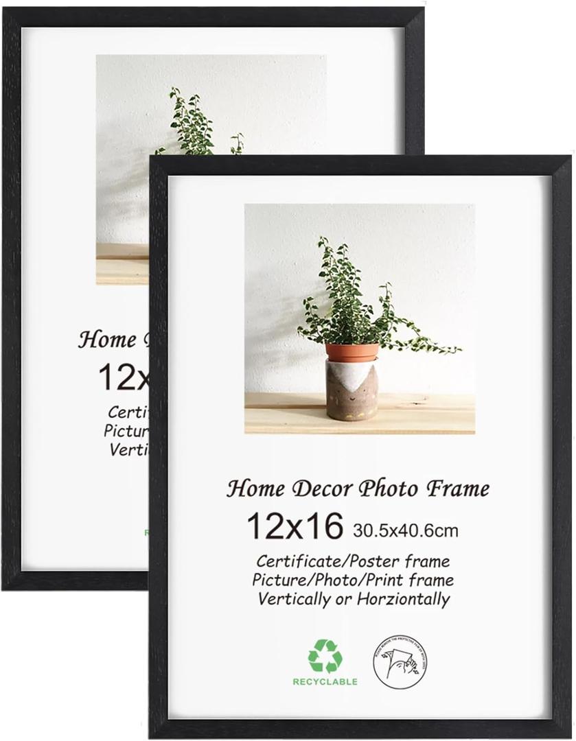 LYYYXGYP 12x16 Picture Frame Black Wood 2 Pack Wooden Photo Frame Natural Solid Wood Frame Gallery Poster Frame with Plexiglass for Wall Hanging