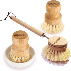 Wooden Dish Brush Set Clean Pots, Pans and Vegetable, Natural Bristles Bamboo Scrub Brushes with Ceramic Dish - 1 Long Handle Dish Brush + 2 Palm Scrubbing Brush