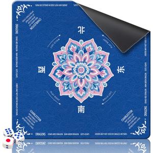 GreenD Mahjong Mat for Table 31.5"x31.5" Rubber American Mahjong Mat with Rules, Non Slip Noise Reduction Game Table Cover with Dice for Mahjong, Poker, Board, Card, Tile Games (Blue)
