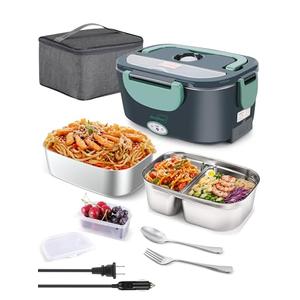 Buddew Electric Lunch Box 80W Food Heater with Dual Container, Portable Lunch Warmer for Adults, Upgraded Heated Lunch Box for Car/Truck/Office (GREEN-Dual Container)