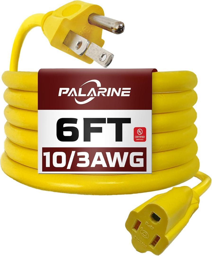 6ft Yellow Outdoor Extension Cord Waterproof, UL Listed, 10/3 SJTW Heavy Duty 3 Prong, 10 Gauge 15A Power Cord Ideal for Indoor Outdoor Lights, Appliances, and Lawn