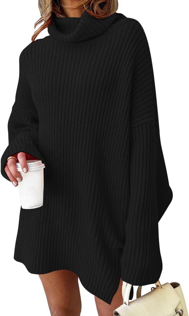 LILLUSORY Womens Turtleneck Oversized Long Sweater Dress 2026 Plus Size Tunic Pullover Knit Winter Dresses (Large, Black)