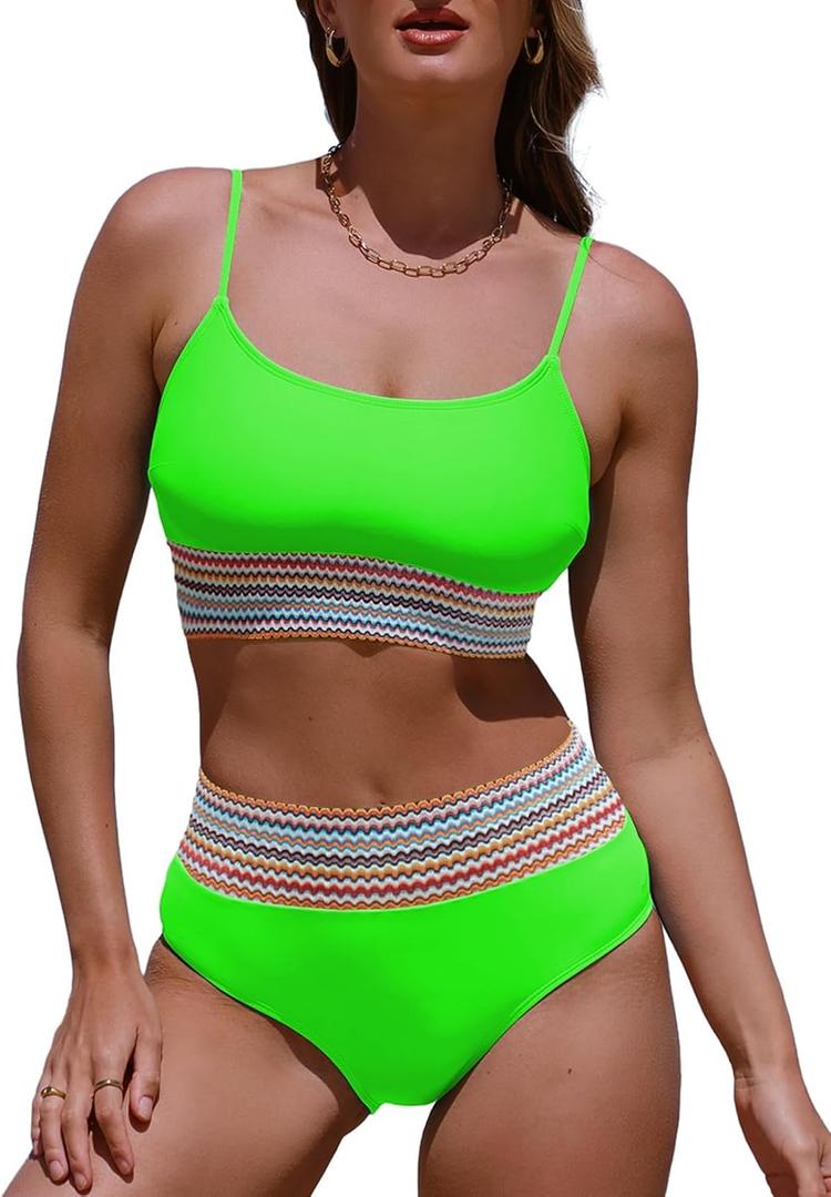 Herseas Women's High Waisted Bikini Sets 2 Piece Tummy Control Swimsuits Full Coverage Bathing Suit Summer Beach Swim Wear (Green, S)