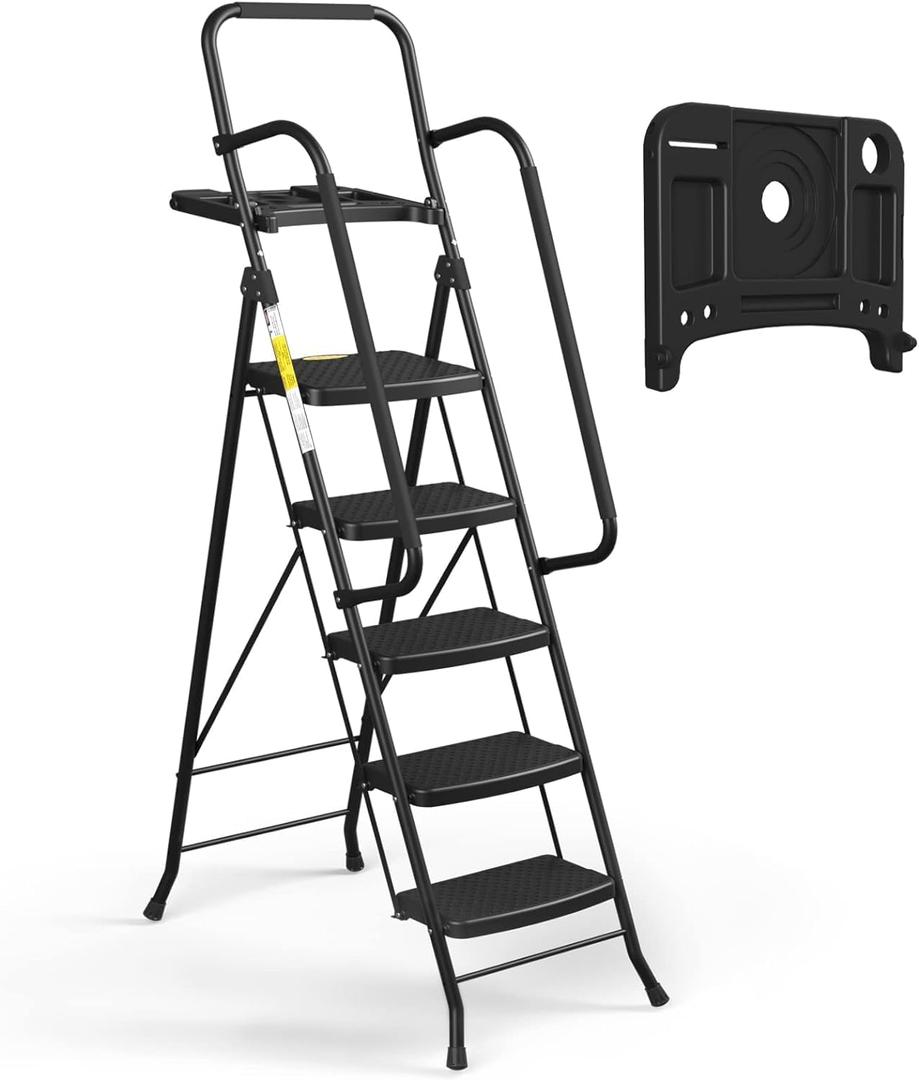 HBTower Step Ladder, Folding Step Stool with Wide Anti-Slip Pedal, Sturdy Steel Ladder, Convenient Handrail, Lightweight, Portable Steel Step Stool (5 Step Ladder, Black)