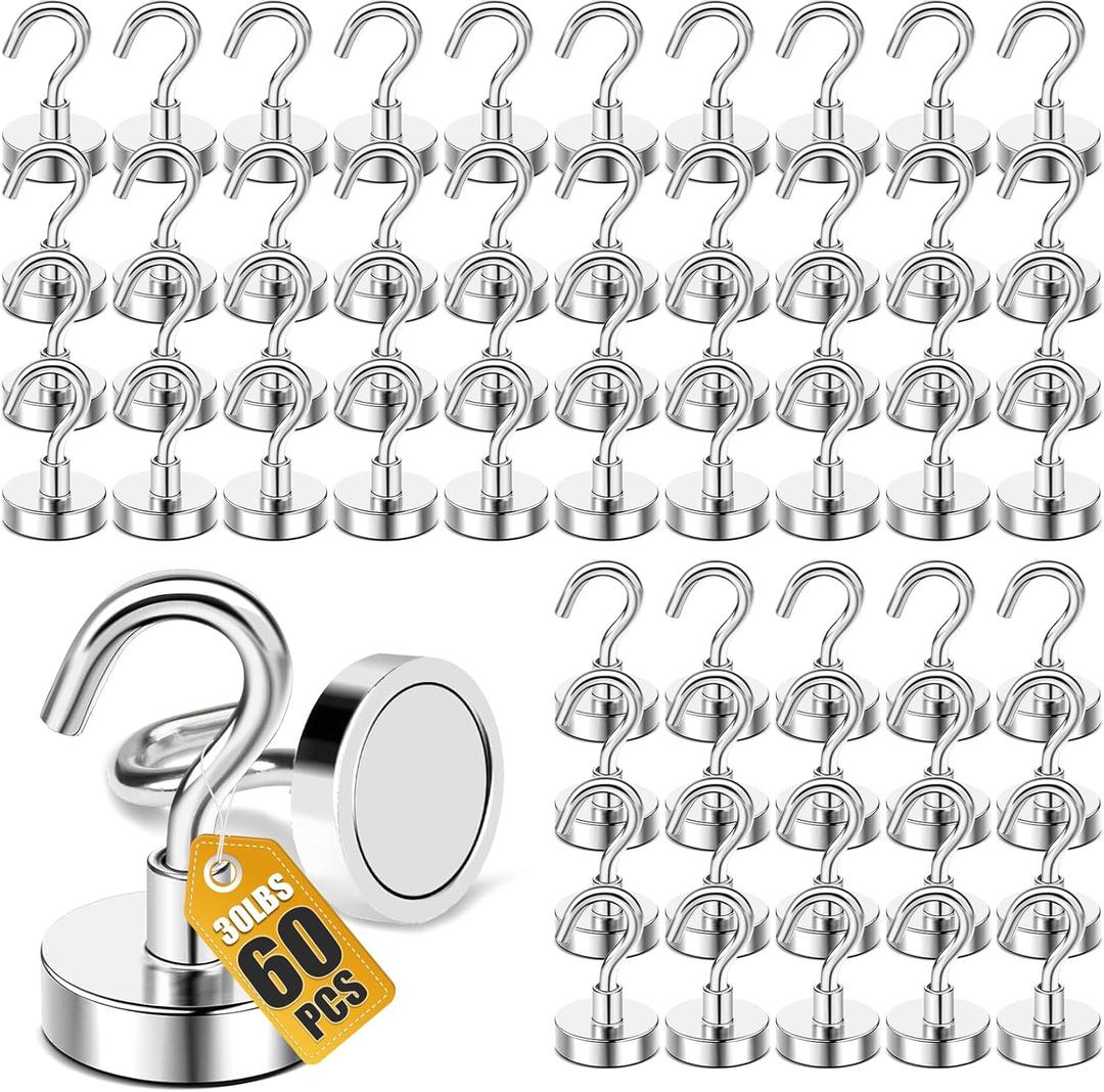 DIYMAG Magnetic Hooks, 30lbs+ Magnet Hook 2025 Cruise Cabin Ship Essentials Heavy Duty Strong Magnets Refrigerator Fridge Hanging for Classroom Beach Vacation Kitchen Grills Home 60 Pack