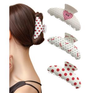 3Pcs Acrylic Hair Claw Clips for Women, Non-Slip 3.5" Banana Claw Clip, Heart Pattern, Valentine's Day Gifts (Polka dot/Heart)