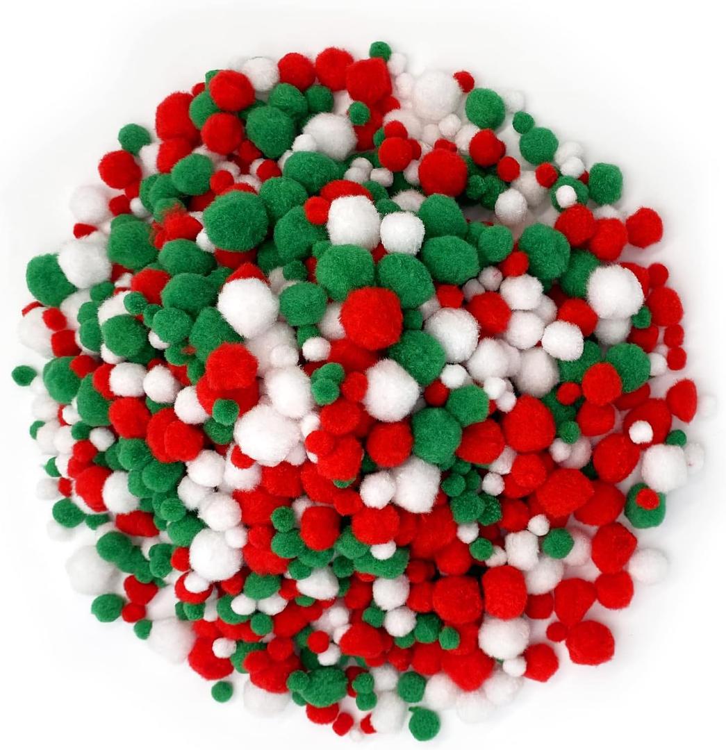 Lusy DM 1200 Pieces Christmas Pom Pom Fluffy Pom Poms Mini pom Balls for Craft Making and Christmas Decorations (4 Sizes, White, Green, Red), Variety Pack