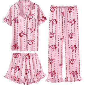 Umeyda Girls 3 Pieces Pajamas Sets Silk Satin Ruffle Sleepwear Short Sleeve Button-Down 3Pjs Nightwear, Size 140 (Pink)