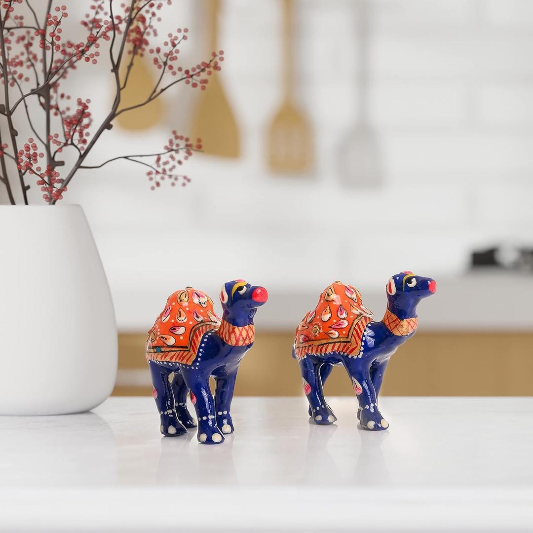 Minakari Traditional Indian Rajasthani Dcor Hand Painted Statue Sculpture Figurine Festive Decoration Showpiece for Table Home Office and Gifting (Blue Camel Set of 2)