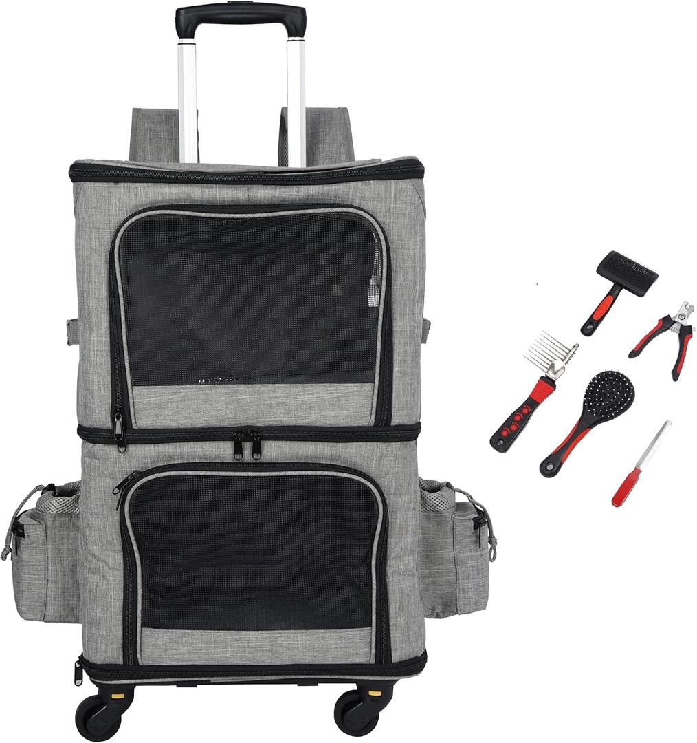 Double Pet Carrier Backpack with Wheels for Small Dogs & Cats, Dual Compartment Rolling Carrier for Vet Visits & Road Trips (Not Designed for Under-Seat Airline Travel, Check Size Guide)