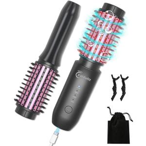 Cordless Hair Curling Iron Brush, 1.5" Mini Cordless Hair Curler, 3-in-1 Travel Curling Brush Hair Straightener Comb Rechargeable, 410 Heated Ionic Curling Tool for All Styles, Black