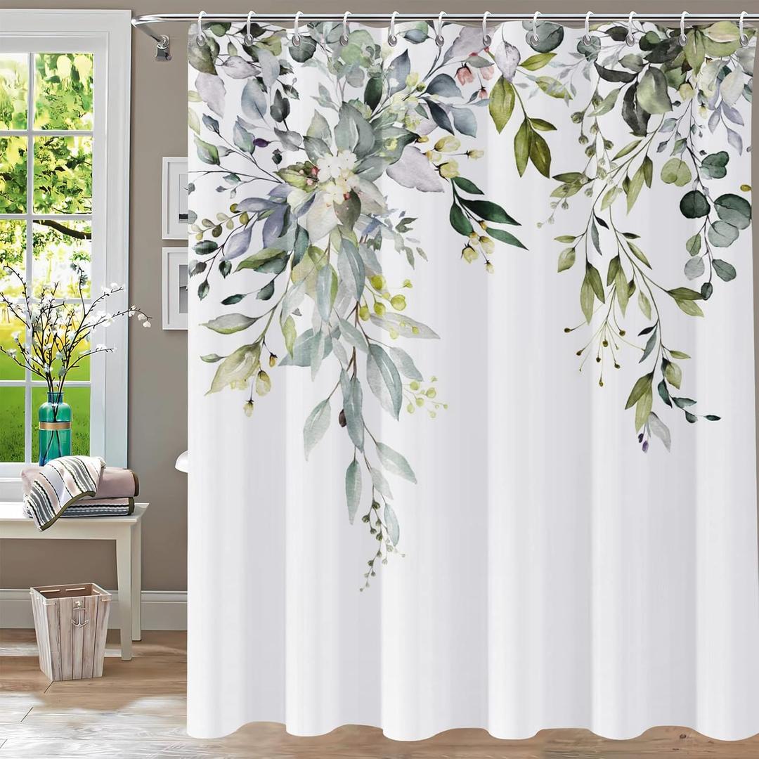 Shower Curtain,Shower Curtains for Bathroom Sage Green Eucalyptus Shower Curtains Watercolor Plant Green Leaf Shower Curtain Sets Plants Leaves Bathroom Shower Curtain 72"W x 72"L with Hooks