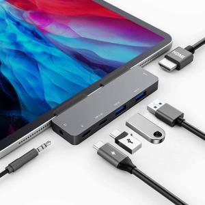 iPad Pro USB C Hub adapter with 4K HDMI,3.5mm Jack,2 x USB3.0,PD 60W,USB C Data,SD/TF Card Slot,6in1 adapter for M2 M1 iPad Pro 11 12.9 2022-2018,iPad Air/Mini