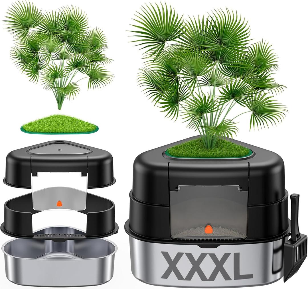 XXL Stainless Steel Corner Cat Litter Box with Lid, Enclosed Hidden Plant Litter Box with Artificial Plant, Easy-Clean Covered Decorative Litter Box for Large Cats, Black