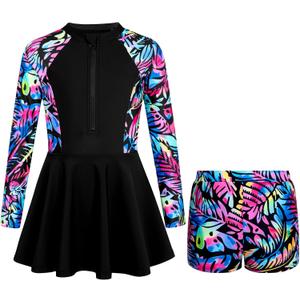 HOZIY Girls Long Sleeve Swimsuit Two Piece Rash Guard Dress with Swim Shorts Front Zip for Kids Tween Teens UPF 50+, 14Y