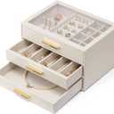 Vlando Jewelry Box for Women Girls,Jewelry Organzier,3 Drawers,Glass Lid Jewelry Organizer Storage for Gem Diamond Necklaces Rings Earrings Bracelets White