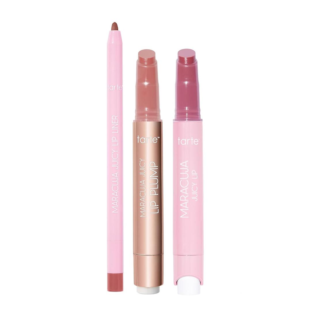 tarte maracuja juicy must-have mauves lip trio  Hydrating Balm, Plumping Gloss & Lip Liner Set for Smooth, Moisturized Lips with Nourishing Color & Shine, Vegan & Cruelty-Free, full size (1 Count (Pack of 3), dusty rose (liner), hibiscus (balm), mixed berries (plump))