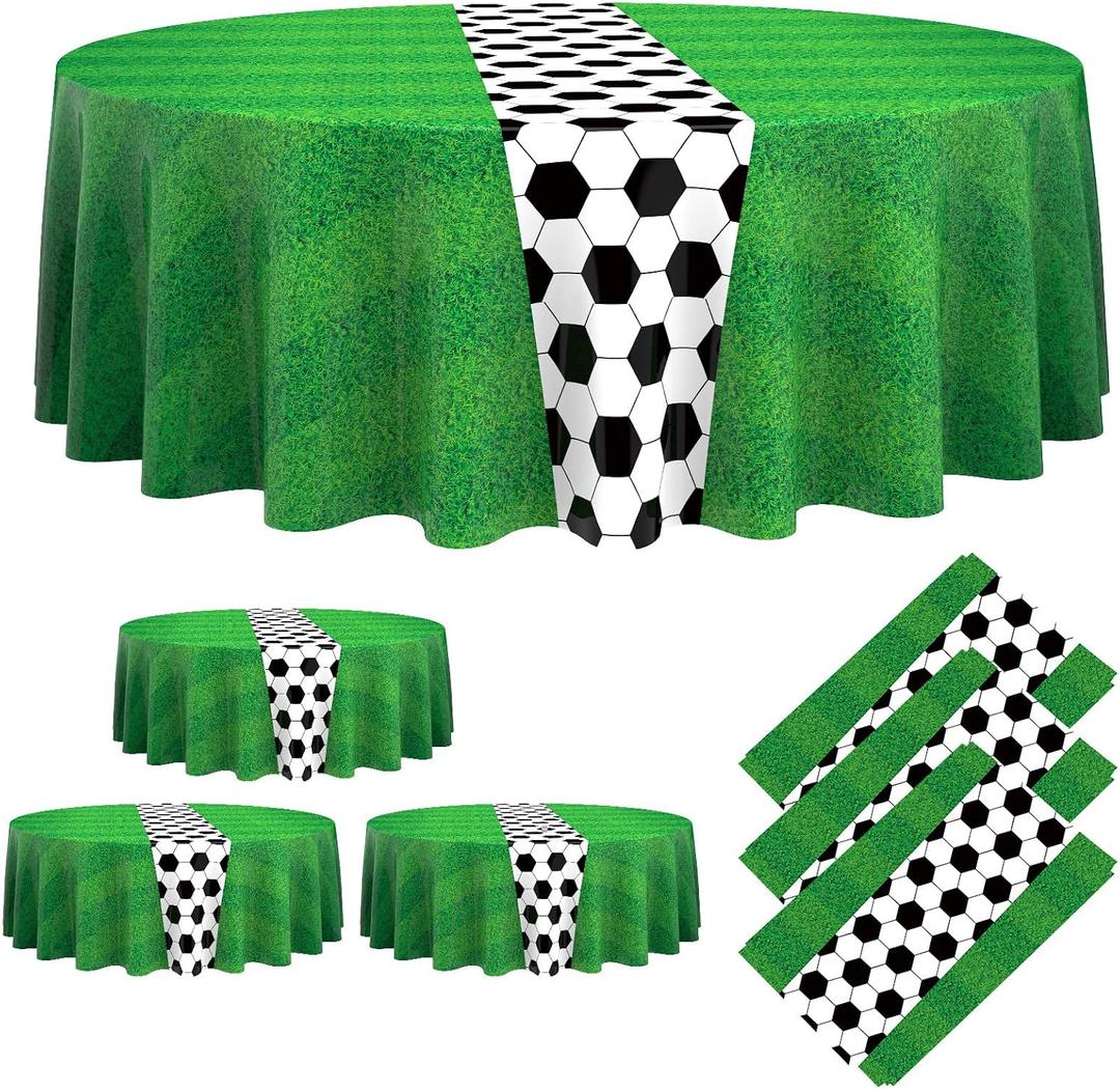 Oudain 6 Pcs Soccer Party Tablecloth 84 Inches Soccer Round Table Cloth Disposable Plastic Table Covers for Decors Birthday Party Supplies Favors, 84 inches in diameter