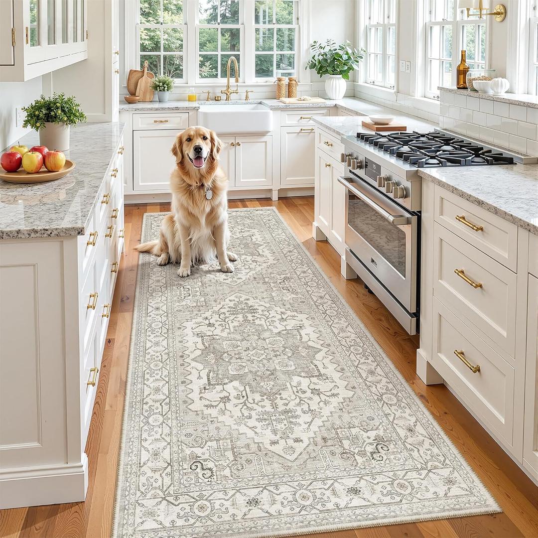 Madane Hallway Runner 3x8, Kitchen Rugs Washable Entryway Rug 8ft Vintage Kitchen Runners Non Slip Indoor Area Rug Farmhouse Carpet Runner for Bathroom Living Room Bedroom (3 X 8, Beige/Brown)