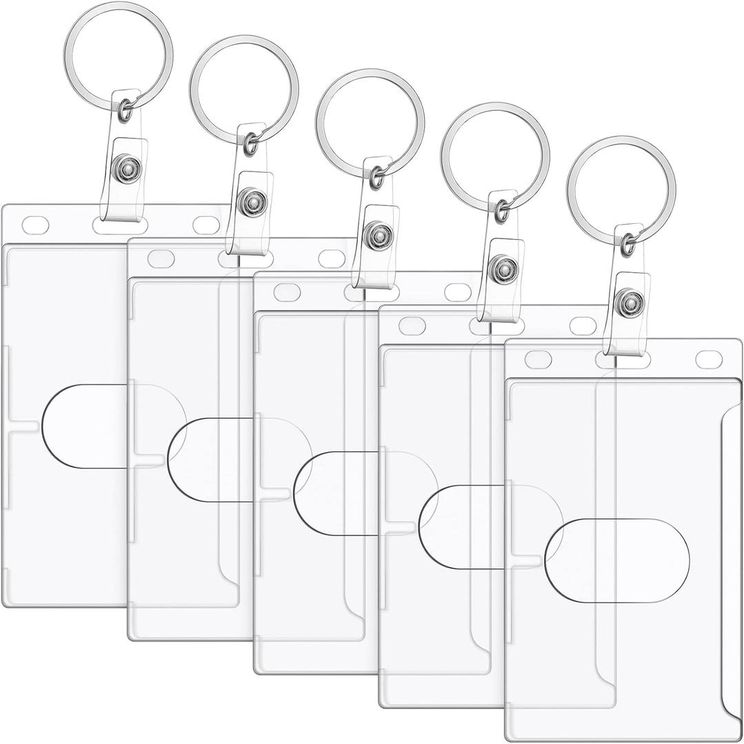 Marspark 5 Pack Keychain Card Holder Plastic Heavy Duty Badge Holder Vertical Clear ID Card Holder with Keyring, Rigid Fuel Card Protector with Thumb Slot Secure Credit Card Protector Case