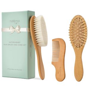 Natemia Wooden Baby Hair Brush & Comb Set - Natural Goat Hair Bristles & Soft Bristle Brush - Gentle Scalp Massage & Cradle Cap Comb - For Newborns & Toddlers, Baby Grooming Kit (3 PC Set, Oval)