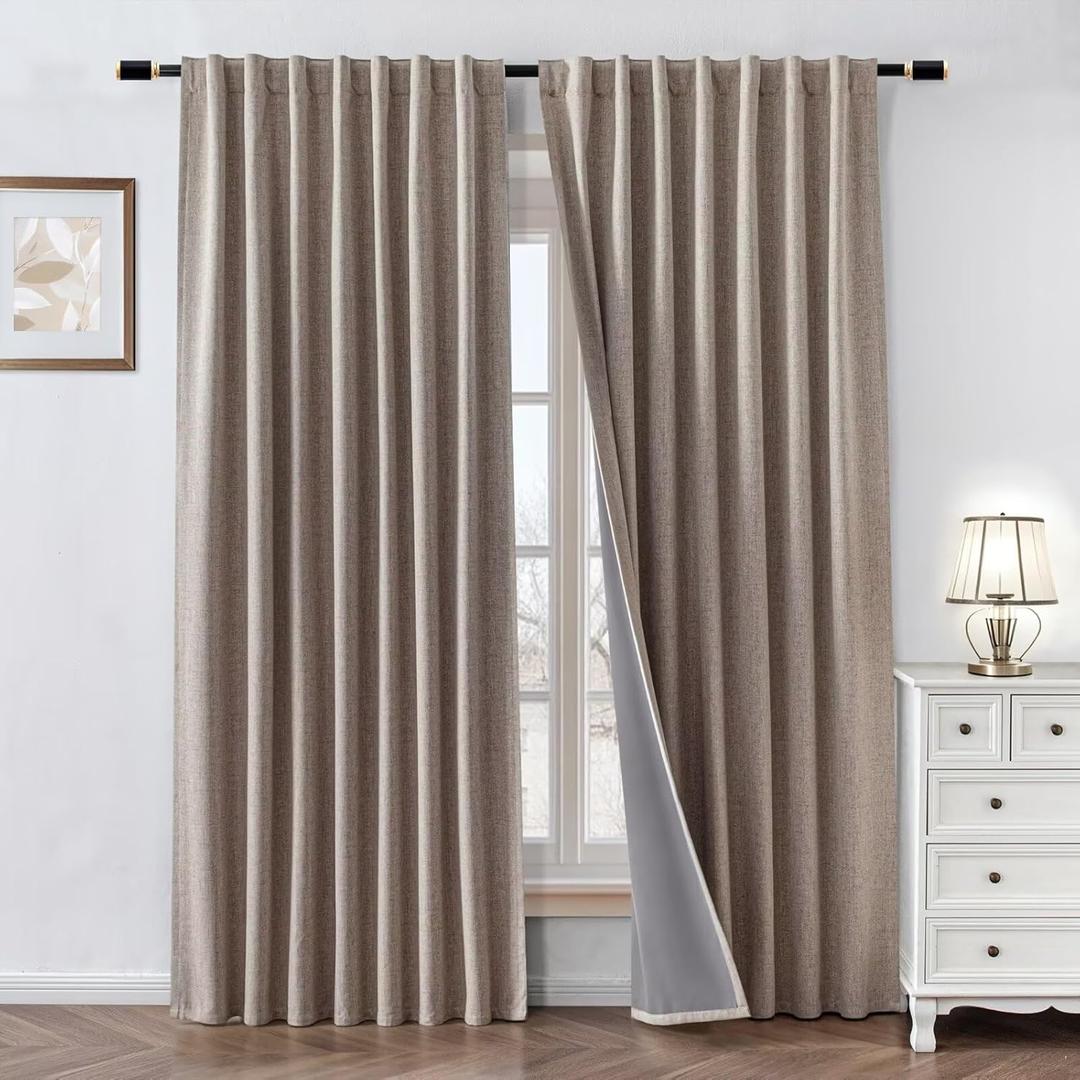 100% Blackout Curtains 90 inch Length 2 Panels Faux Linen Long Drapes for Bedroom Living Room Black Out Room Darkening Curtain Thermal Insulated Back Tab Rod Pocket(W37 x L90, Beige)