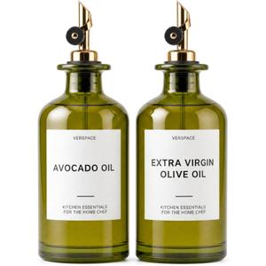 Verspace UV-Protected Green Glass Olive Oil Dispenser Bottles For Kitchen - 2 Pack - 17oz Includes 40 Kitchen Essential Labels, Avocado Oil Dispenser Set, Modern Decor for Home, Airbnb, Cafe