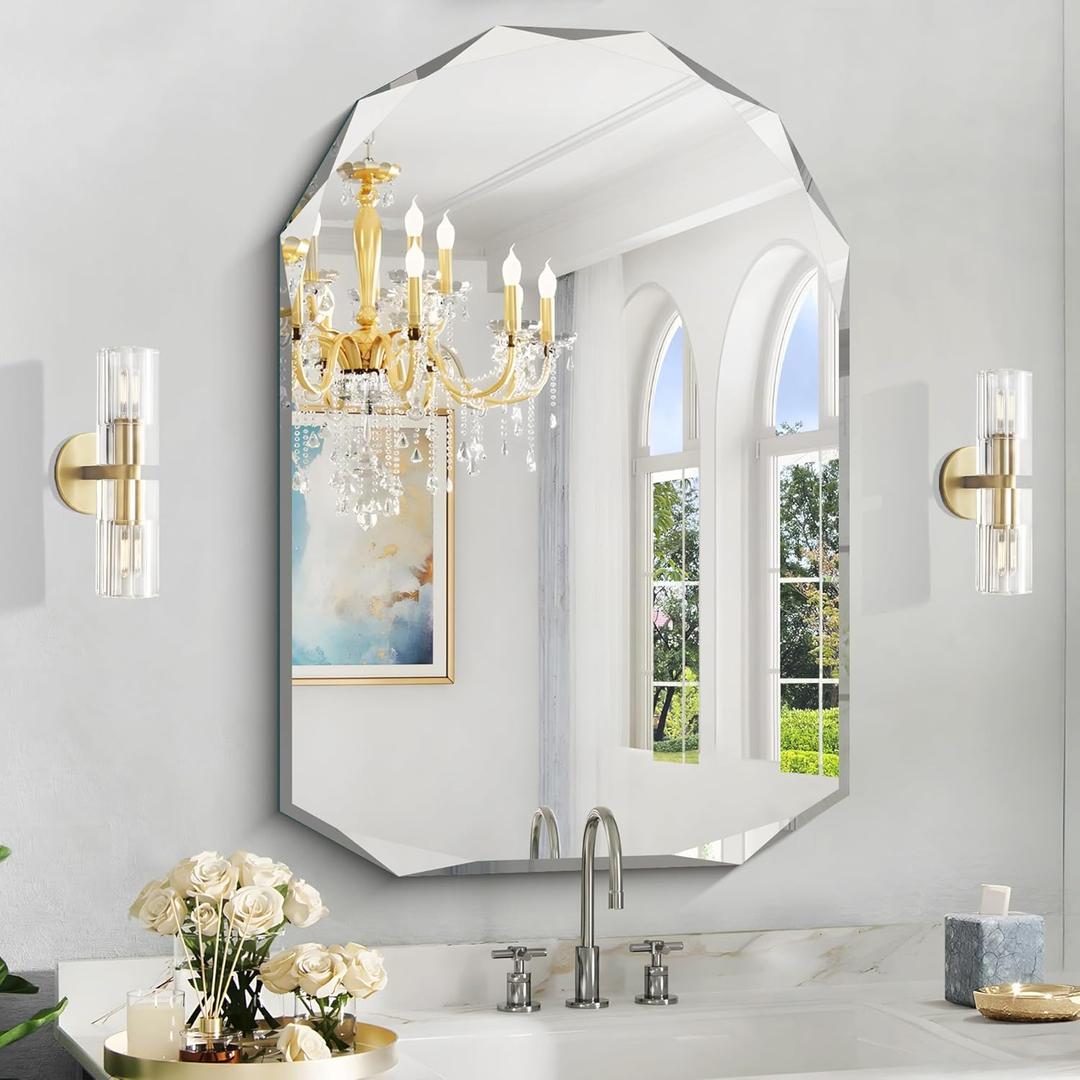 26"x38" Frameless Mirror, Arched Shape with Diamond-Shaped Beveled Edge,Unframed Decorative with Upgraded Shatterproof Glass,Unique Frameless Mirror for Bathroom,Living Room,Bedroom